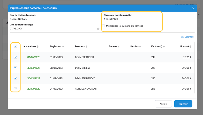 Impression d'un bordereau de chèques