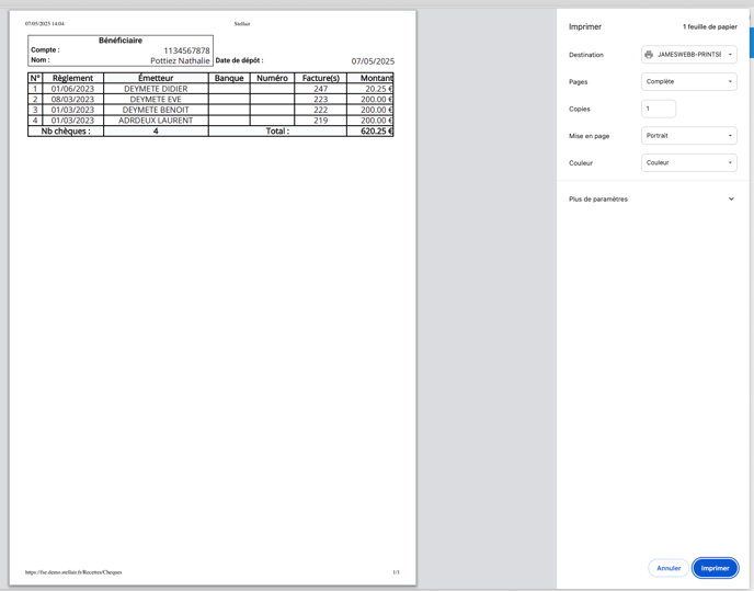 impression du bordereau de chèques