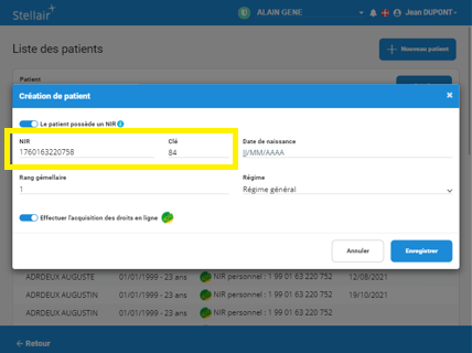 Création du patient - NIR