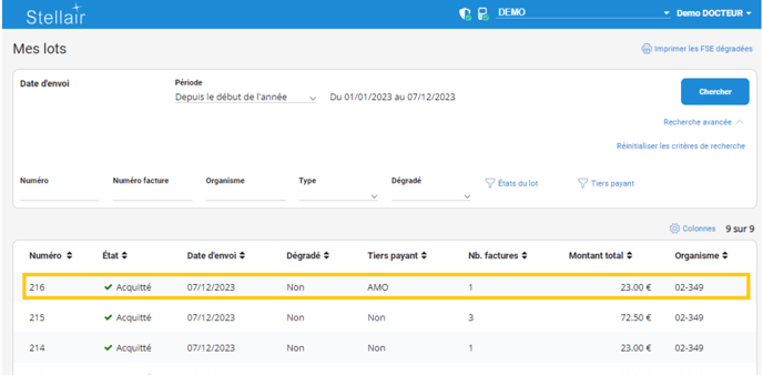 Ecran liste des lots