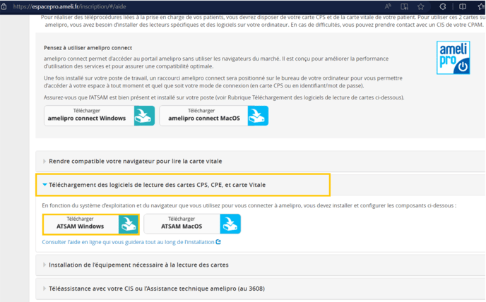 AmeliPro lien vers le chargement ATSAM