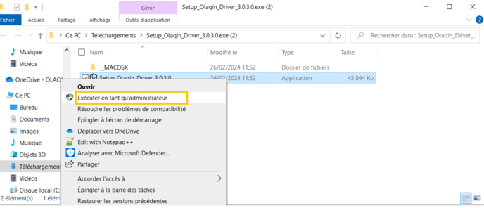 Exécuter le pilote pour installation