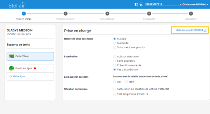 Ecran Prise en charge sélection Date des soins