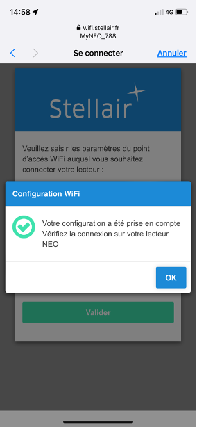 Validation connexion wifi NEO sur Smartphone