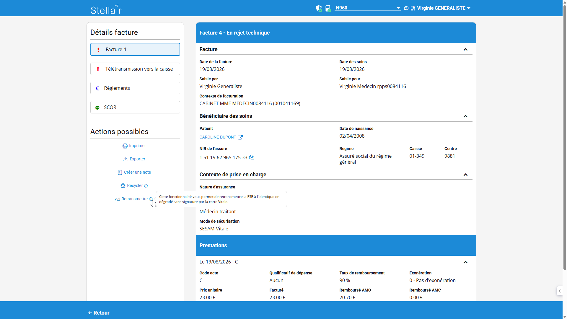 Fiche facture en rejet technique avec bouton Retransmettre
