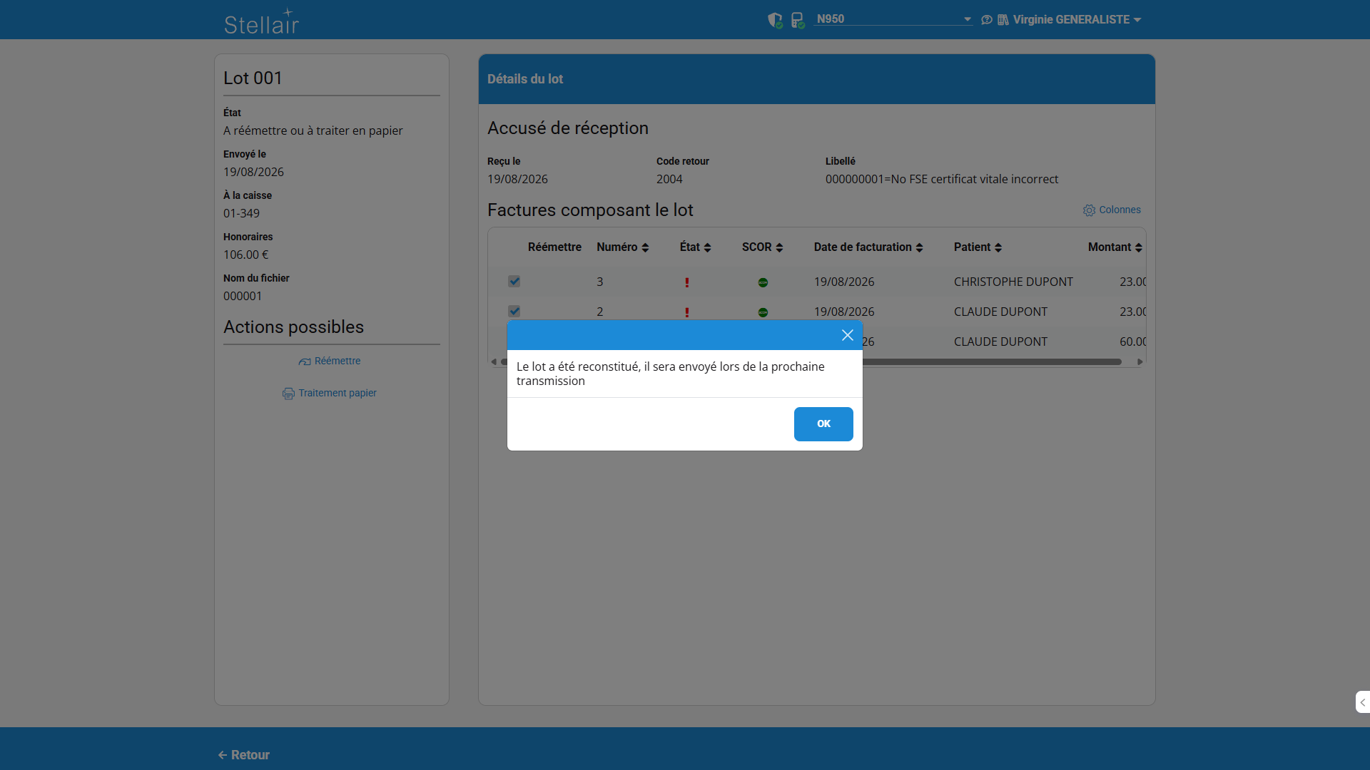 Message de confirmation de reconstitution du lot