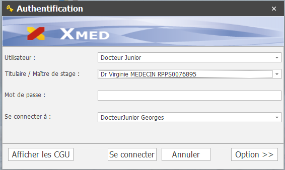 Fenêtre de connexion au lancement de XMed