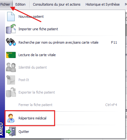 Menu Fichier / Répertoire médical dans XMed