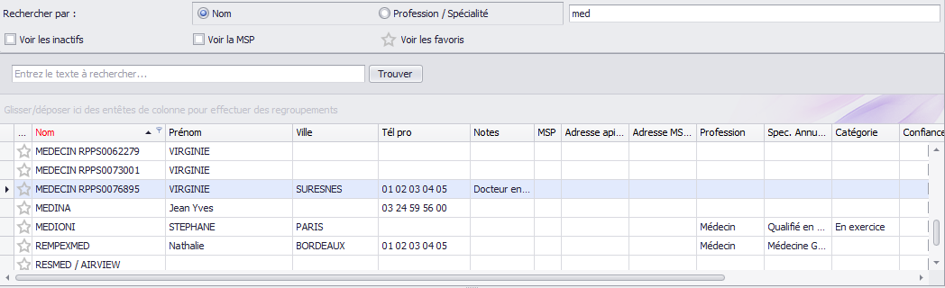 Sélectionner l'utilisateur dans le répertoire médical