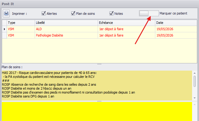Post-it avec bouton Marquer ce patient