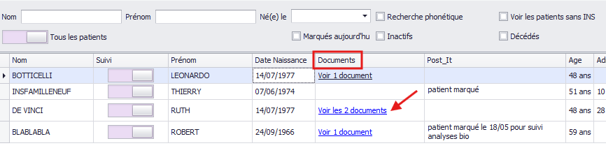 Voir les documents en attente pour un patient marqué