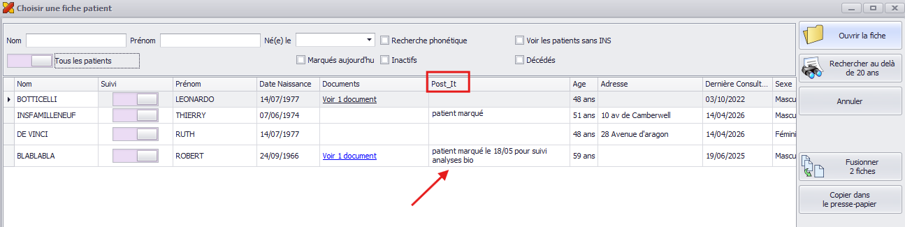 Information du post-it dans la liste des patients marqués