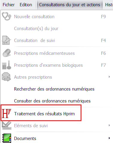 Menu Consultations du jour et actions / Traitement des Résultats H'