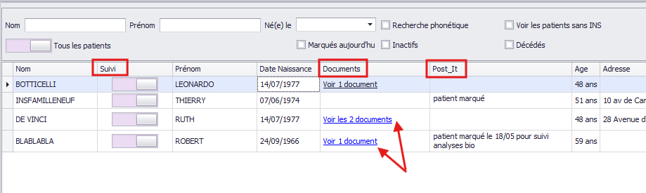 Liste des patients marqués