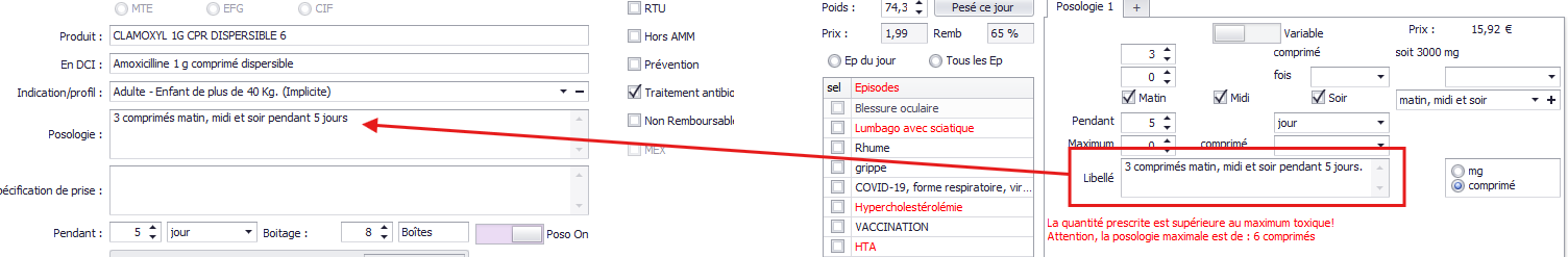 Libellé généré et zone posologie