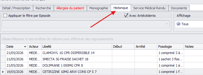 Onglet Historique avec bouton Arrêter