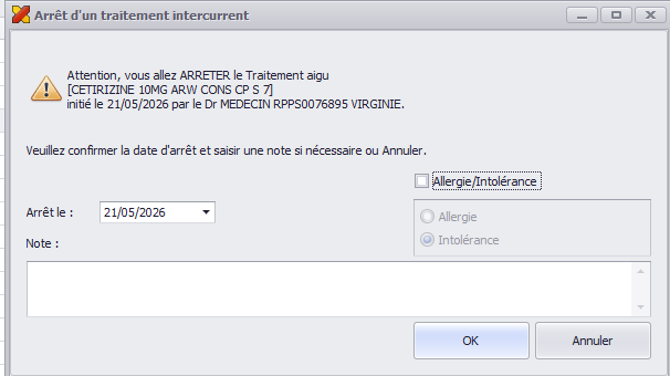Fenêtre Arrêt du traitement intercurrent