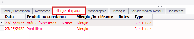 Onglet Allergies du patient en rouge