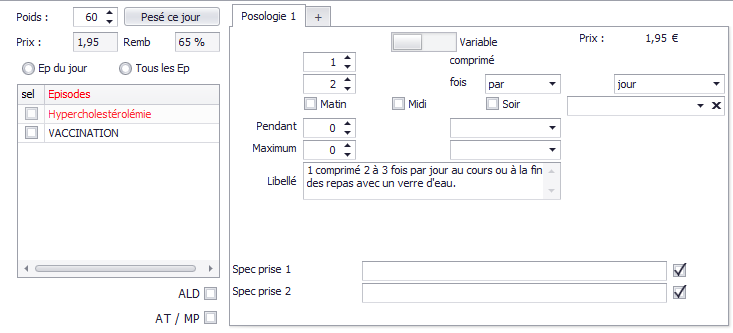 Zone de renseignement de la posologie détaillée