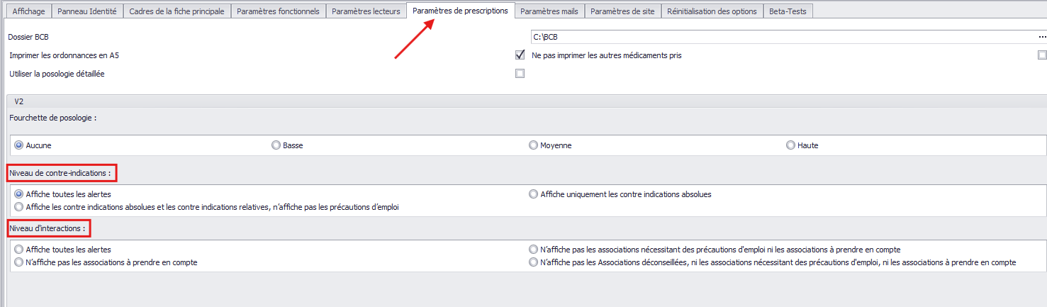 Options des niveaux d'alertes