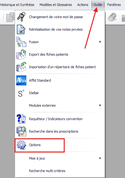 Menu Outils / Options / Paramètres de prescription