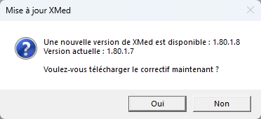 Fenêtre Mise à jour XMed proposant le téléchargement du correctif