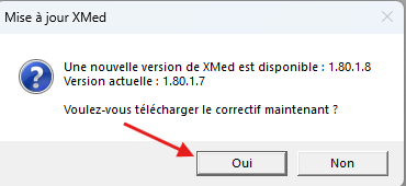 Bouton Oui dans la fenêtre Mise à jour XMed