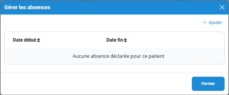 La liste des absences du patient, avec « Ajouter »