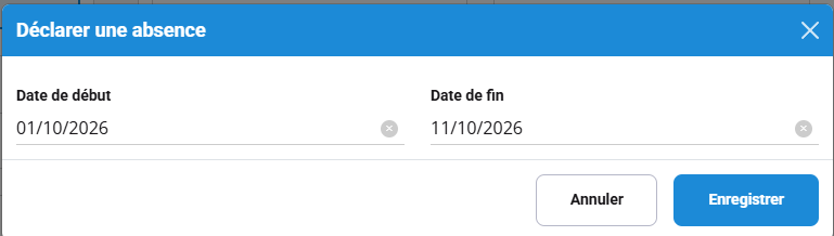 Une période d'absence : date de début, date de fin