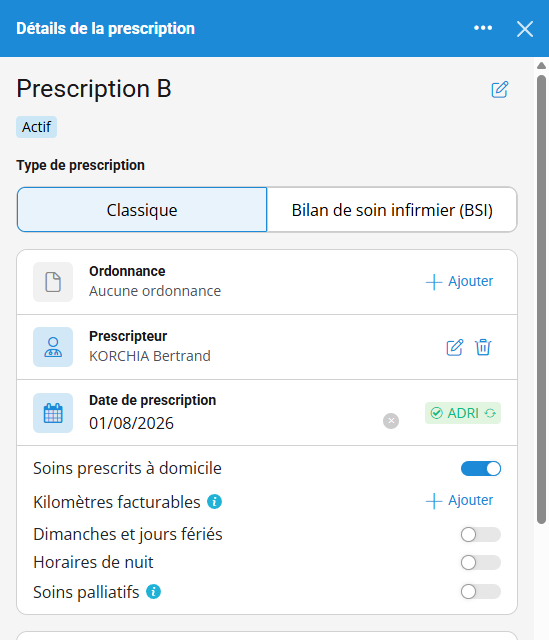 Le bloc Ordonnance d'une prescription, avec l'action « Ajouter »