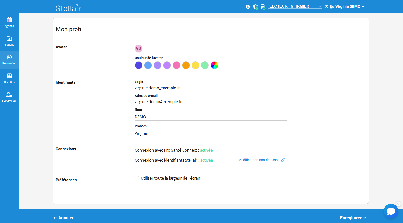 Profil utilisateur : le bloc « Avatar » avec huit couleurs proposées et une couleur personnalisée