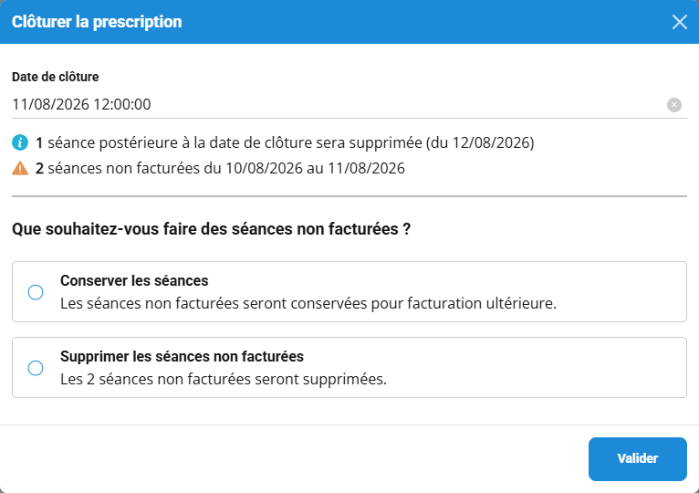 À la clôture, les séances à supprimer et celles restées non facturées sont signalées, et Stellair vous demande quoi faire de ces dernières