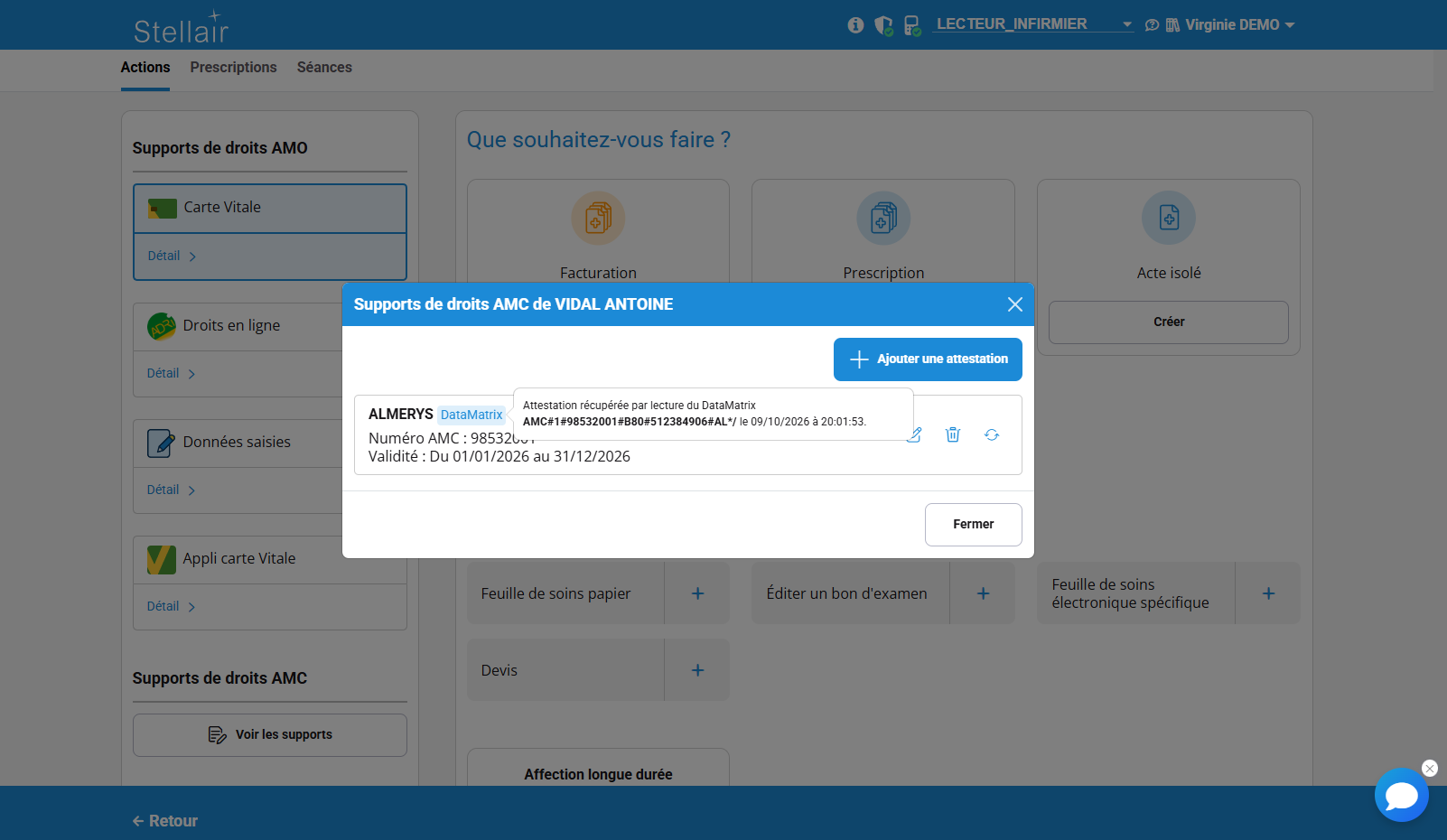 Liste des attestations de complémentaire : le badge « DataMatrix » et son infobulle avec le contenu scanné et la date du scan