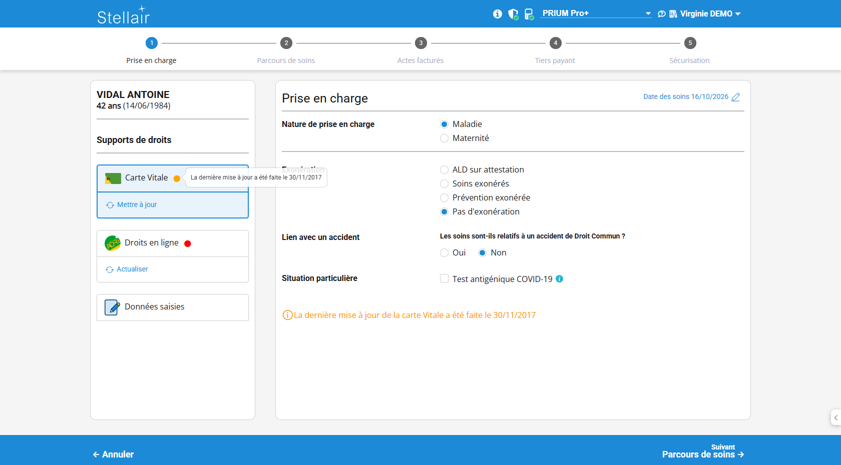 Prise en charge : le support « Carte Vitale » avec son bouton « Mettre à jour » et l'infobulle « La dernière mise à jour a été faite le… »
