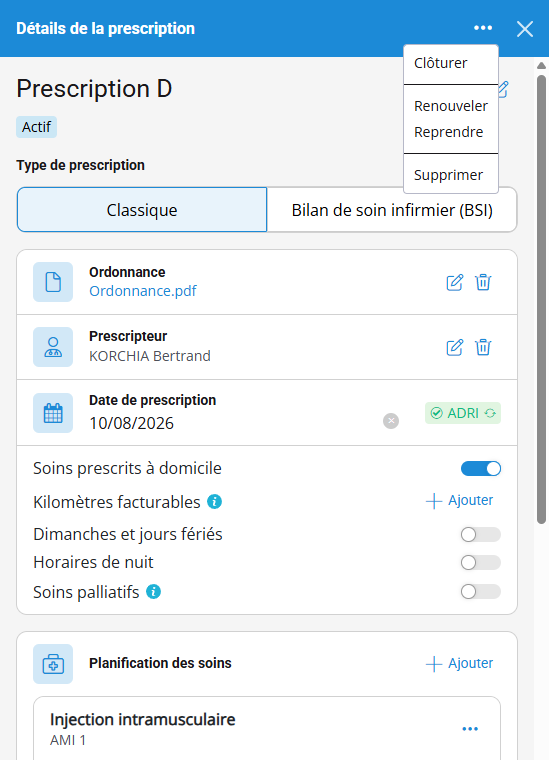 Le menu « … » d'une prescription, avec les actions « Renouveler » et « Reprendre »