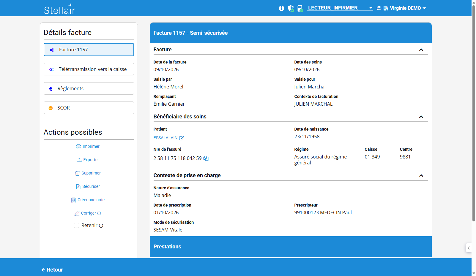 Détail d'une facture : les mentions « Saisie par », « Saisie pour », « Remplaçant » et « Contexte de facturation »