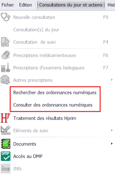 Menu Consultations du jour et actions