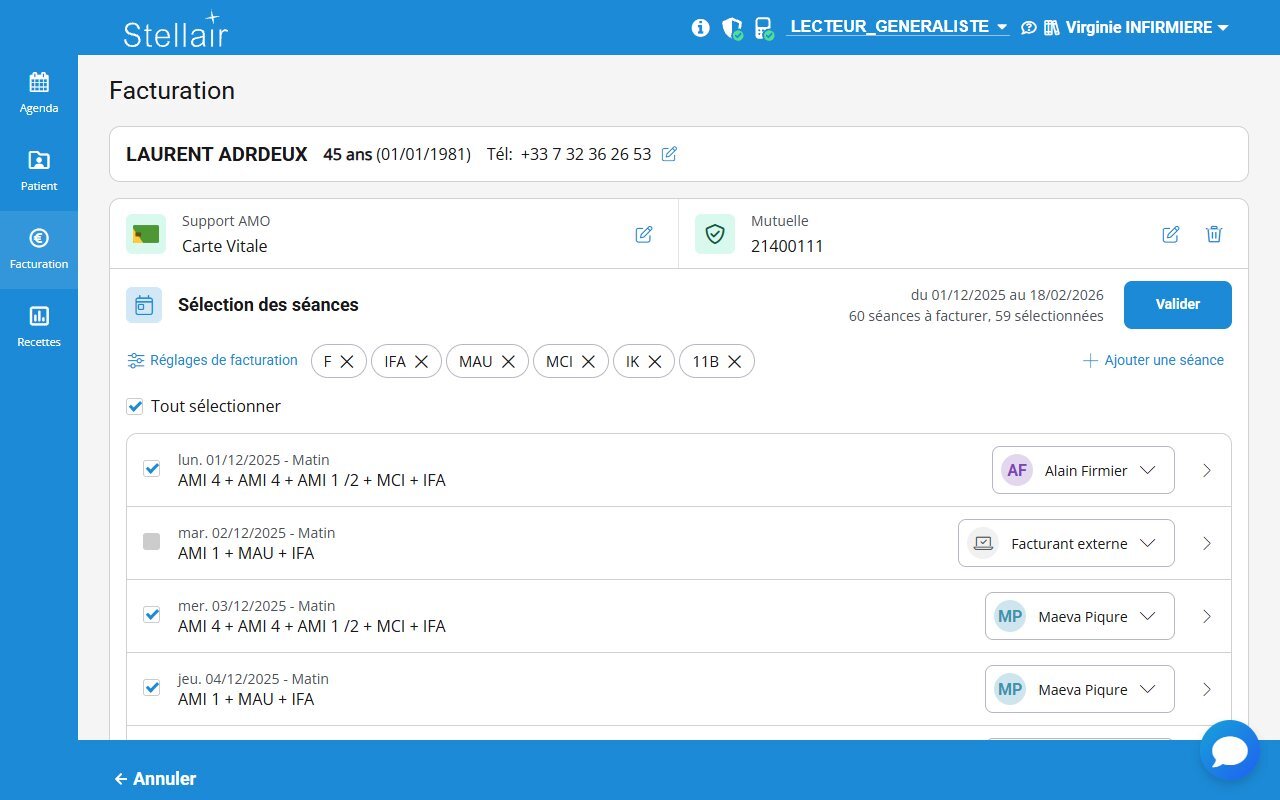 Séance attribuée à Facturant externe, désélectionnée