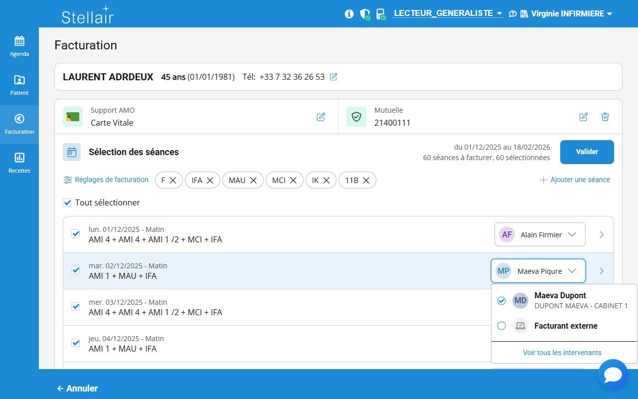 Écran de facturation avec séances